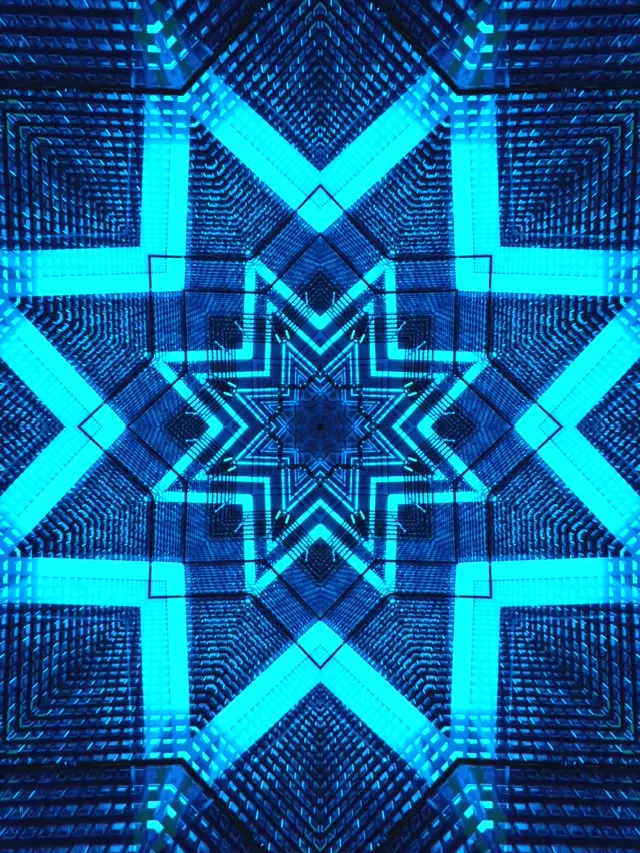 Blue geometric neon tunnel kaleidoscope screensaver windows 11 vj loop 3:4 ipad portrait 60fps