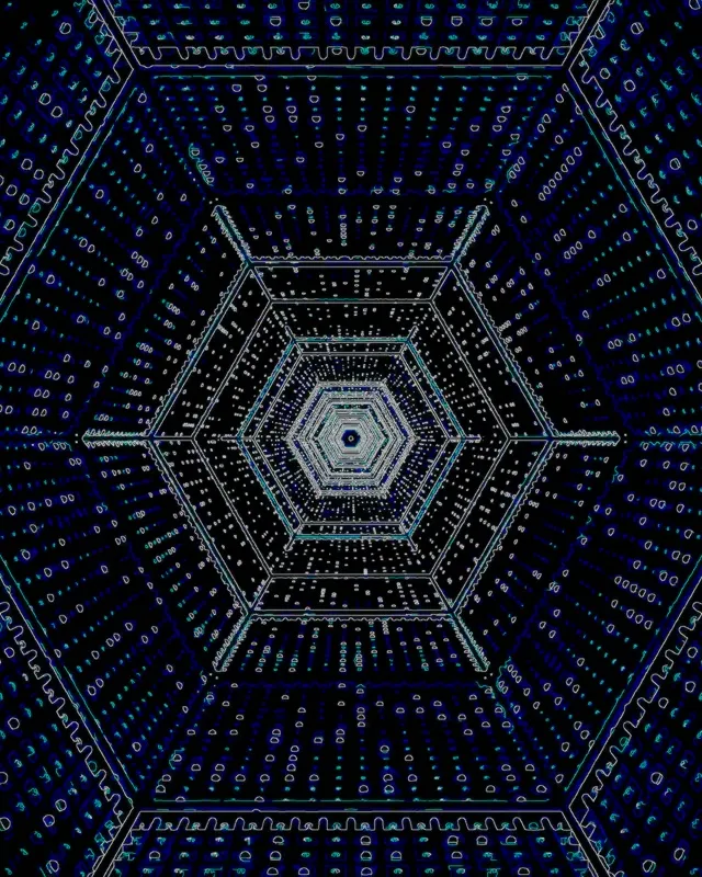 深い青のネオン六角形トンネル、内向きに螺旋する同心円幾何学層で、暗い背景に対して輝く青緑色と白い線で催眠的な渦巻き効果を作成、VJループに最適