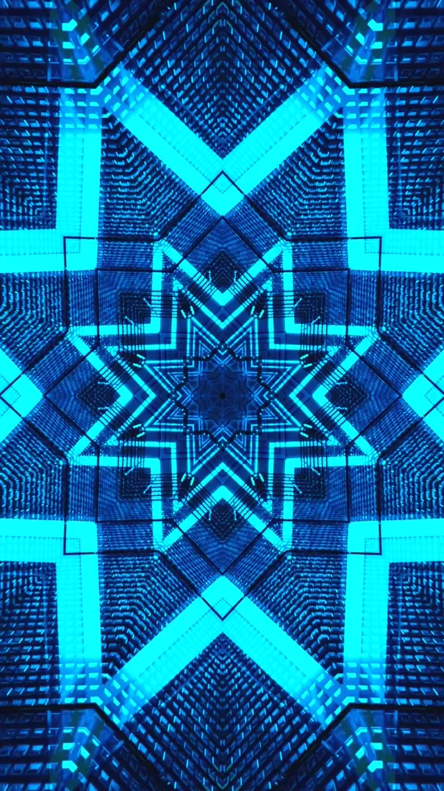 Blue Neon Tunnel Geometric Kaleidoscope VJ Loop Screensaver Windows 11 9:16 Reels 60fps