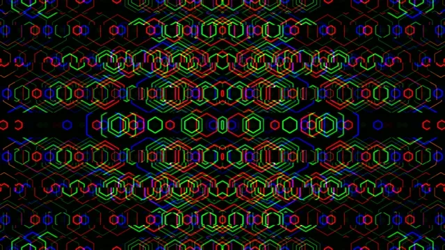 Bright geometric patterns with lines and shapes on a dark background