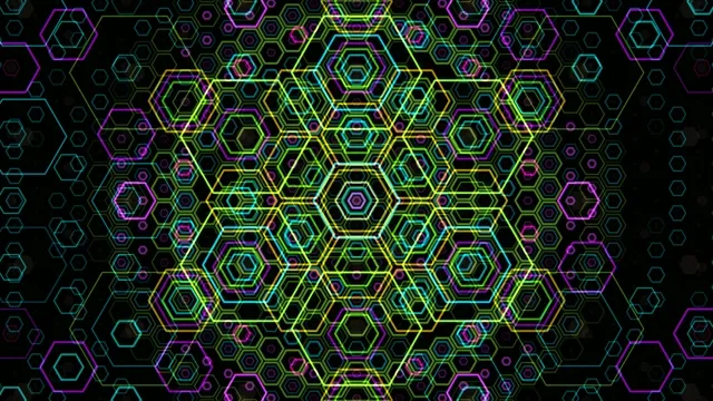 Colorful hexagonal pattern in neon colors on a dark background