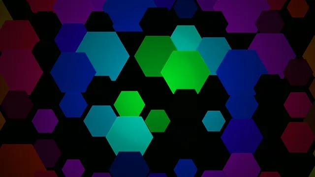 Colorful hexagons create an abstract design on a dark background