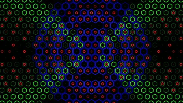 Colors and shapes interact in a hexagonal pattern design
