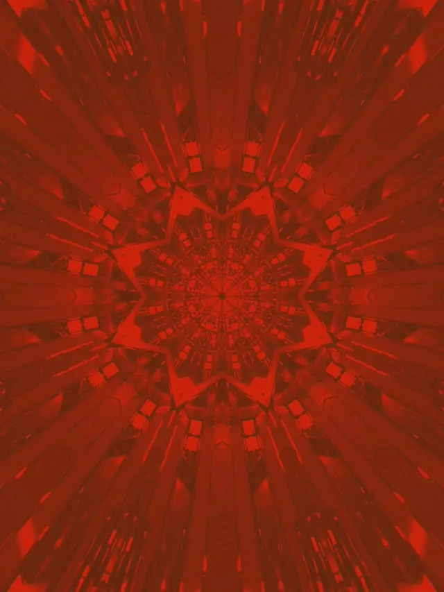 Kiirgav punane fraktaal kaleidoskoop hekkuvate neonjoontega, mis loovad sümmeetrilise tunneli pöörlemise, ideaalne abstraktsete VJ-videosilmuste jaoks