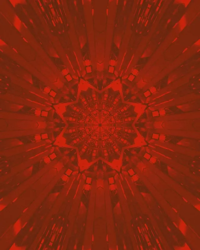 赤い分形星ネオントンネル、放射状の幾何学模様と光の光線を持つ抽象的なVJループ運動背景