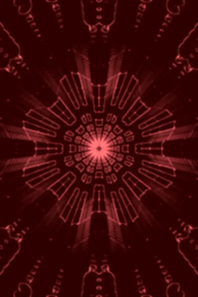 Wybuch mandali obwodu neon czerwony promieniujący z jasnego centrum, tunel geometryczny ze wzorami symetrycznymi, abstrakcyjna pętla VJ tło ruchu