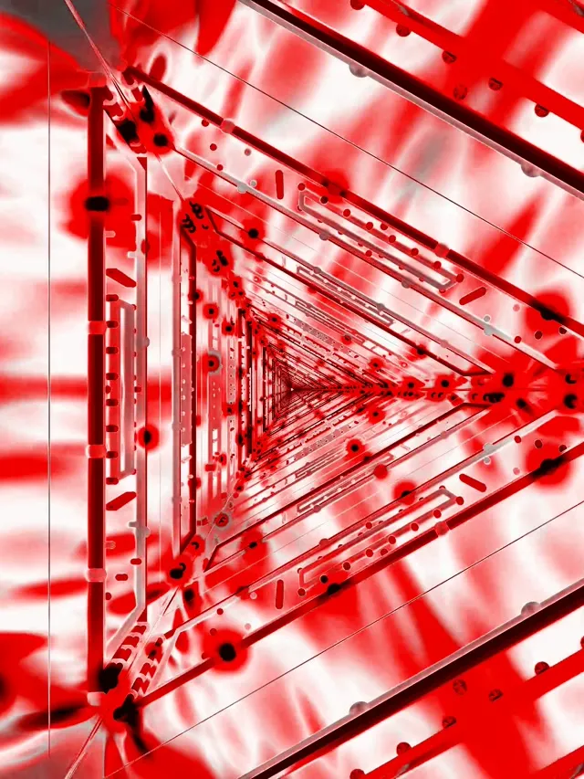 Punane neoonkolmnurkne tunel geomeetrilise keerdisefektiga, särav jooned koonduvad lõpmatusse perspektiivi, abstraktne VJ silmus liikumisgraafika