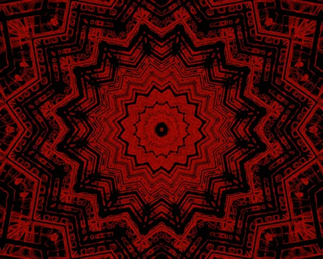 Gorri eta beltzaren izarra fraktala simetrikoa neon tunel simetrikoa erradiazio geometrikoekin looping VJ-etarako