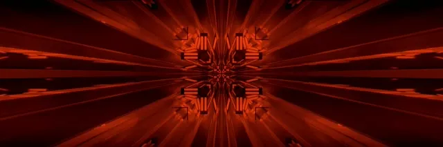 نفق نيون أحمر متماثل مع نمط كاليدوسكوب متوهج، مما يخلق تأثير عمق مسحور في حلقة VJ 4K