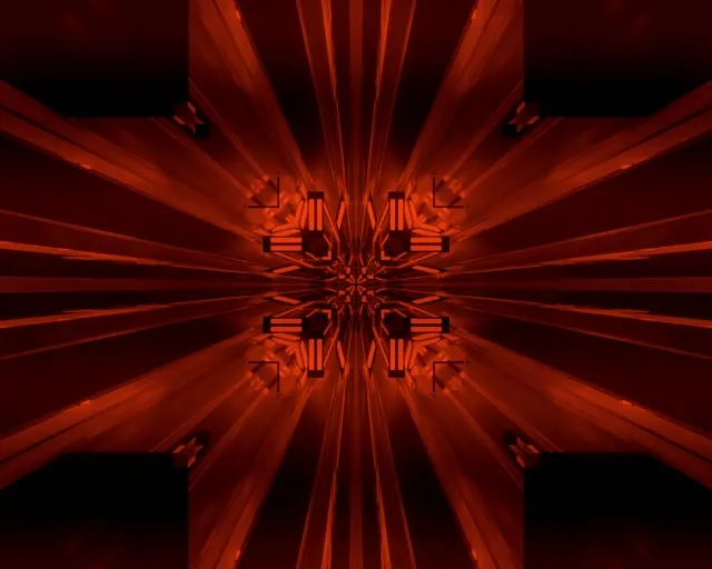 Neon fraktal tunel gorria simetrikoa, erradiazio argi izpiekin eta eredu geometrikoekin VJ loop industrialerako