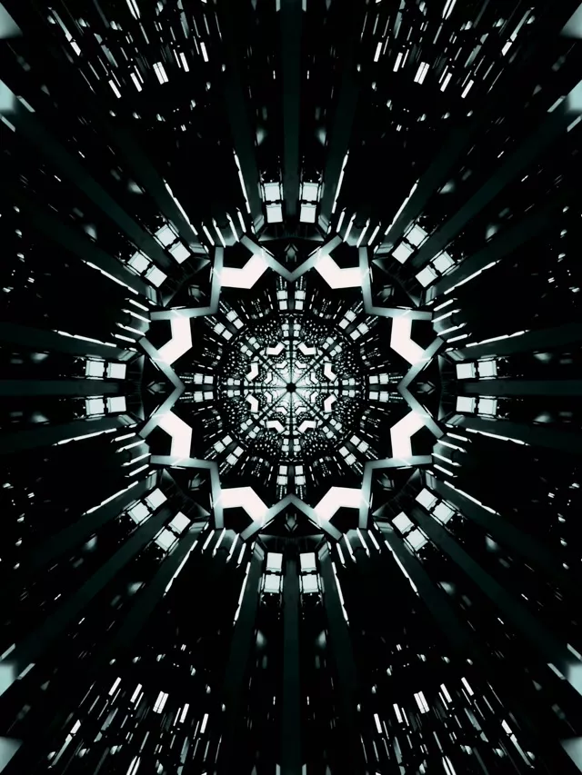 Sümmeetriline neoonitunnel must-valge fraktaalse mandalamustriga, mis spiraalub sissepoole, luues lõpmatut sügavust geomeetriliste valguskiirtega