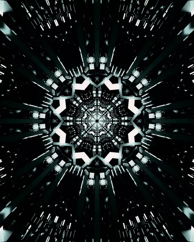 白と黒の幾何学的星形パターンが内側に放射する対称的なネオン トンネル カレイドスコープ、60fps VJ ループ