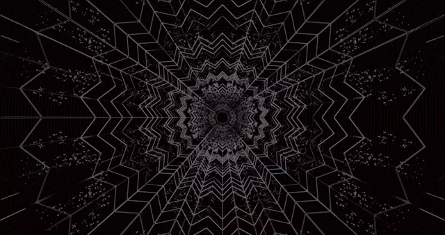 对称几何霓虹隧道，同心人字纹图案螺旋向内，深色背景配闪烁白线，催眠万花筒VJ循环4K动画背景