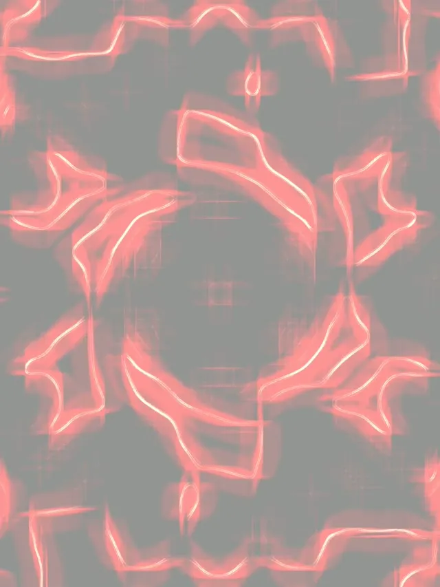 Punane neoonrist-ruudustik moodustab sümmeetrilise tunneli helenduva joontega hallil taustal, abstraktne VJ-loop kujundus