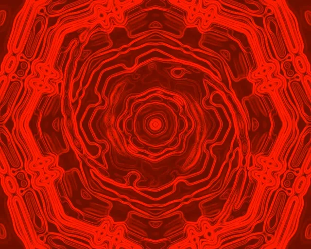 Neon tunel gorria zentrotik erradiatzen duen oktagono zentroko zurrunbilo patroiekin, tunnel sakoneko efektua sortuz arre kirtan eta gorri ilunean, VJ bukle abstraktua