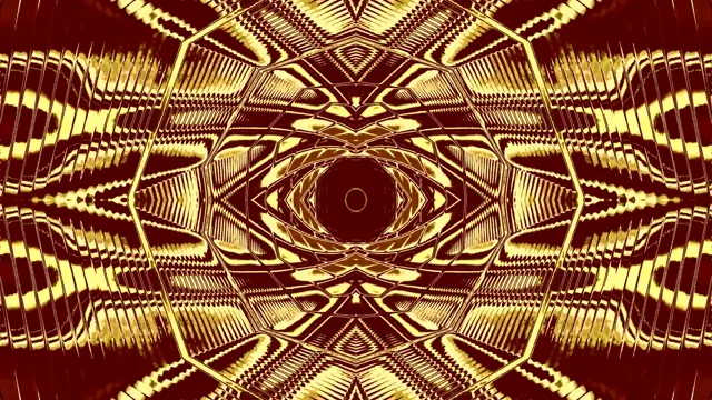 تونل نئون طلایی متقارن با الگوهای هندسی تابش، چشم مرکزی بوردو گمراه، پس‌زمینه حرکت حلقه VJ 4K هیپنوتیک