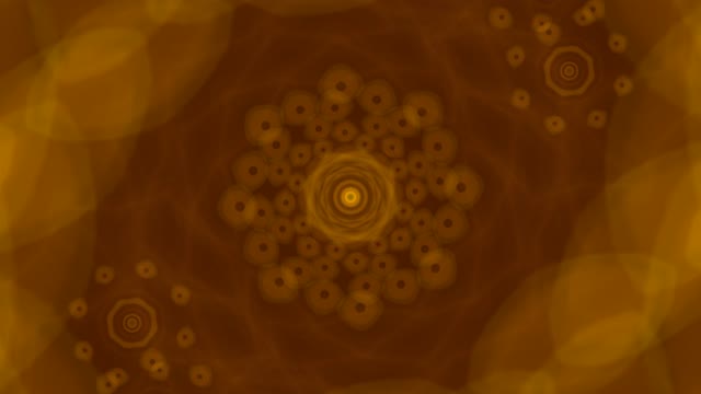 Zlatá soustředná ozubená kola spirálují přes teplý jantarový neonový tunel v této hypnotické 4K VJ smyčce s zářivými kruhovými vzory