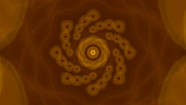 Zlatý spirálový vír s soustředícími se orbitálními kroužky v teplých tónech ambry, hypnotická VJ smyčka 60fps