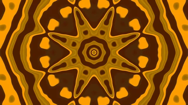 ستاره طلایی هشت‌اشعه در کالیدوسکوپ با حلقه‌های نئون قهوه‌ای و طلایی که یک گرداب تونل هیپنوتیک ایجاد می‌کند، حلقه VJ 4K