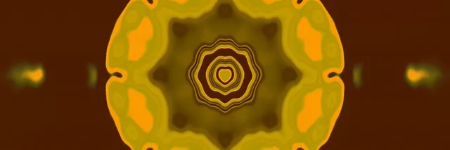 نفق نيون ذهبي مع نمط كاليدوسكوب الشمس والنجم المتماثل، دوائر متحدة المركز تشع من المركز، ألوان دافئة من العنبر والزيتون تخلق تأثير دوامة مغناطيسية، VJ loop 60fps