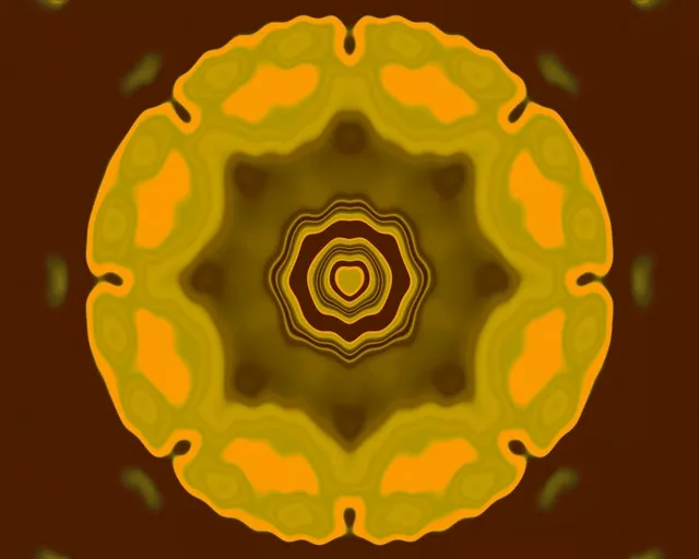 Urrezko izar mandala soro kontsentrikoekin eta laranja petalo erradiatzaileak, tunel neon simetrikoa efektua sortzen duten bero tonuetan hori eta marroia atzeko plan ilun batean