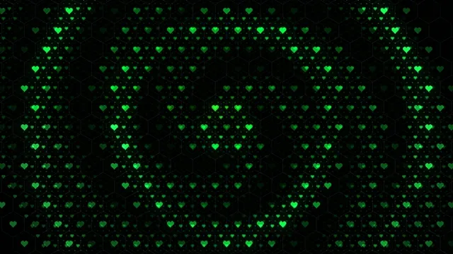 Green Neon Hearts Floating on Dark Background 4K