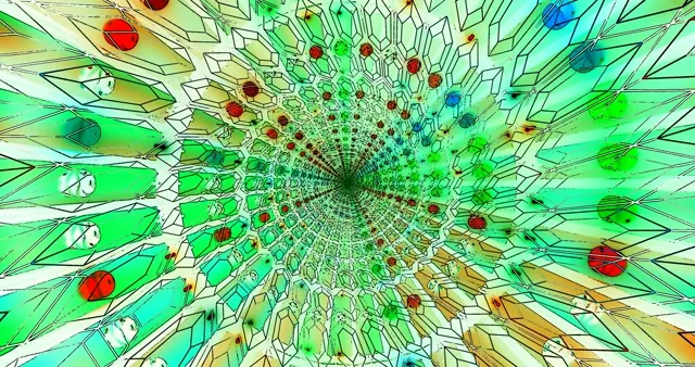 Túnel neó verd brillant amb patrons geomètrics hexagonals que irradien des del centre, colors vibrants d'esmeralda i llima, fons abstracte de bucla VJ 4K