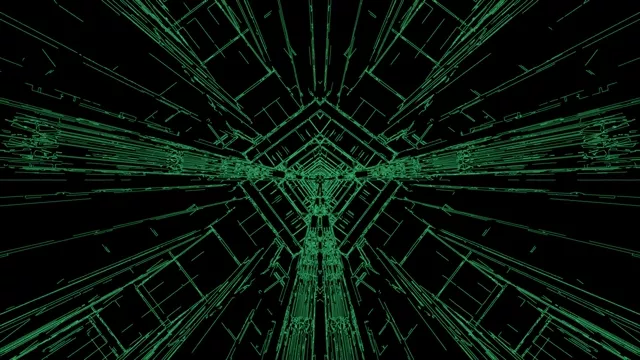 উজ্জ্বল সবুজ নিয়ন টানেল প্রতিসম জ্যামিতিক লাইনের সাথে যা কেন্দ্রের দিকে একত্রিত হয়, অসীম গভীরতার প্রভাব তৈরি করে। অন্ধকার পটভূমি উজ্জ্বল পান্না ঝলক সহ। VJ loop 4K 60fps।