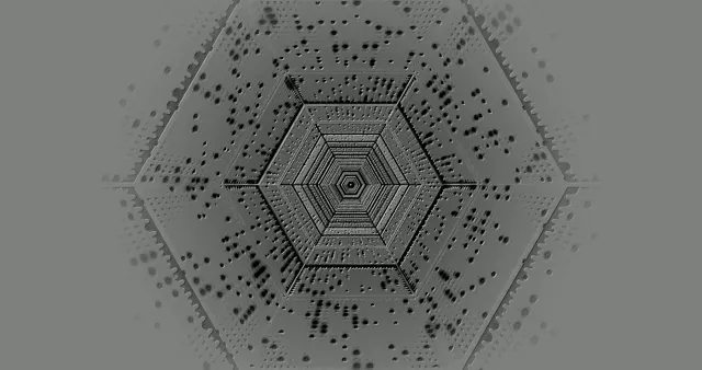Серый шестиугольный неоновый туннель с концентрическими геометрическими кольцами спирализирующимися, окруженными частицами в абстрактной 4K VJ петле