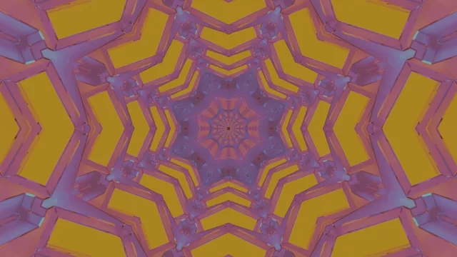 تونل نئون متقارن با شیورنهای هندسی بنفش و طلایی که از مرکز تابش می‌کنند، ایجاد کننده اثر گردباد کالیدوسکوپ بی‌نهایت در حلقه VJ 4K