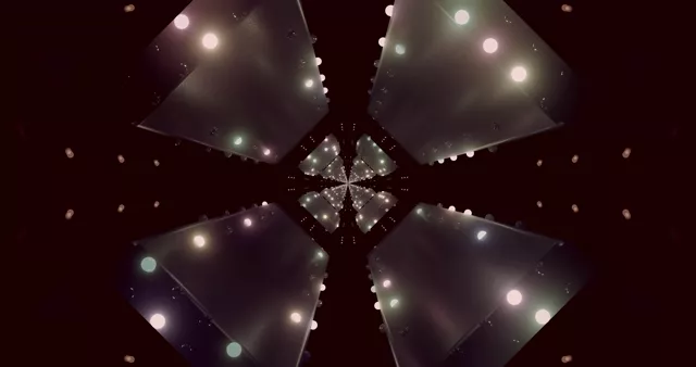 Symmetrical neon kaleidoscope tunnel na may magniningning na mga sphere, madilim na burgundy background, mirror geometric patterns, 4K VJ loop