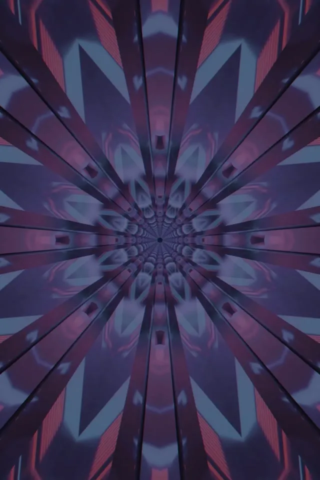 Radialny tunel neonowy ze symetrycznym wzorem kaleidoskopu w tonach fioletu, różu i błękitu, tworzący efekt nieskończonego wiru spiralnego dla VJ loop