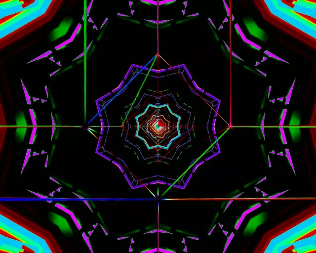 Kaleidoscope neon tunnel screensaver windows 11 Vj loop 5:4 industrial 60fps purple cyan geometric