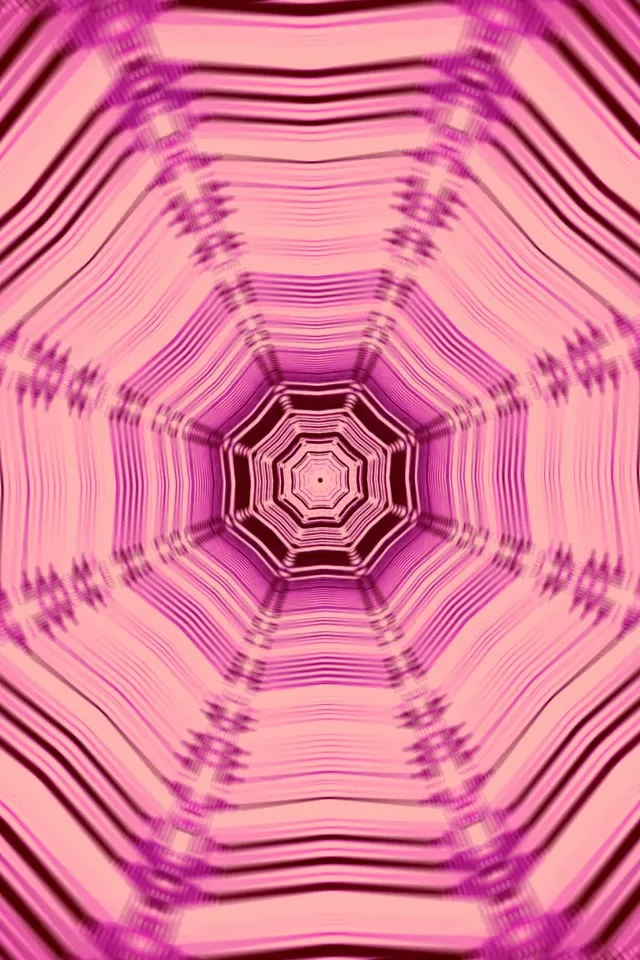Koncentryczne różowe i magentowe ośmiokąty neonowe spiralujące do wewnątrz, tworząc hiponotyzujący efekt wiru tunelu w żywych kolorach neon do pętli VJ