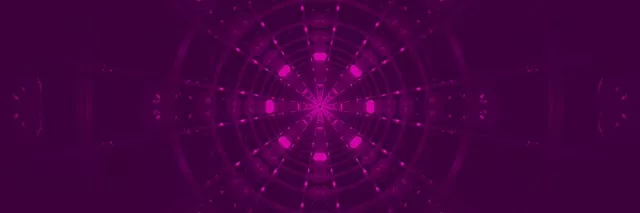 منديلا نيون بنفسجية مع عقد هندسية متوهجة تشع في نفق حلزوني متماثل، خلفية حركة VJ حلقية مجردة