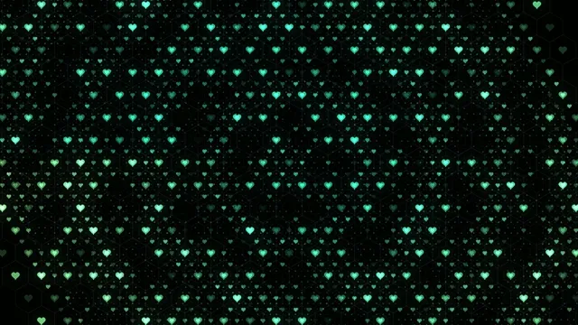 Neon green hearts falling 4K UHD widescreen motion background loop