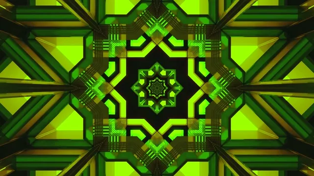 نفق نيون هندسي أخضر فاقع وأسود مع أنماط كاليدوسكوبية متماثلة تشع للداخل، مما ينشئ حلقة VJ منومة بدقة 4K