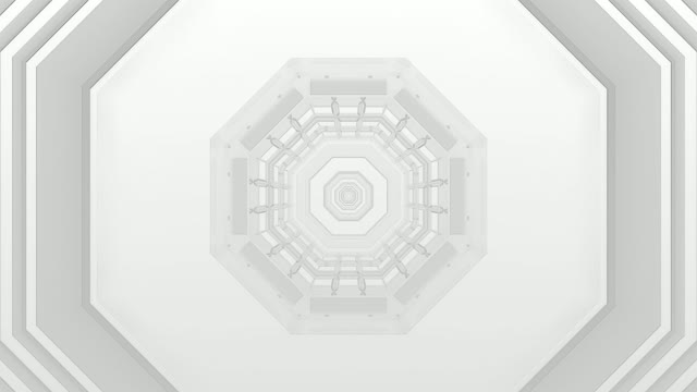 Апстрактен бел неонски тунел со концентрични октагонални геометриски облици, 4K VJ loop позадина
