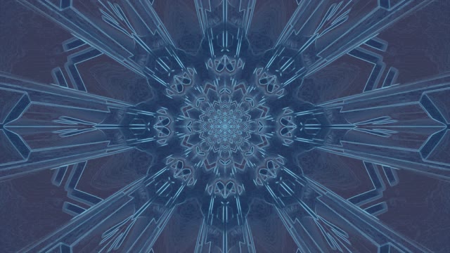 Mavi neon kristal kaleydoskop tüneli radial simetri ile, 4K soyut VJ döngüsü geometrik ışık desenleri içeren