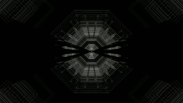 Simetrik altıgen geometrik yapısı, koyu endüstriyel ızgarası ve parlayan geometrik desenleriyle soyut neon tüneli VJ döngüsü, hipnotik 4K hareket arka planı oluşturuyor.