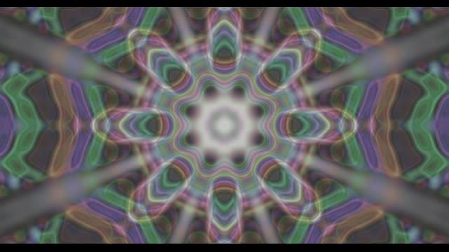 Bucle VJ de caleidoscopio radial con geometría prismática simétrica neon verde, púrpura y oro en espiral hacia adentro, fondo de movimiento abstracto 4K 60fps