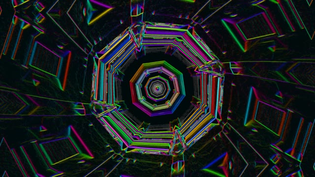 Vibrantní neonový tunel VJ smyčka s koncentrickými osmihranými tvary v magentě, azurové a limetkově zelené tvořící hypnotické pohybové pozadí