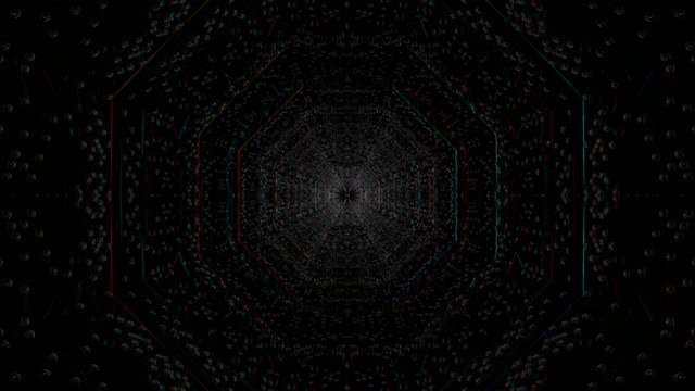 Tmavý neon tunnel s koncentrickými šestiúhelníkovými vzory sbíhajícími se ke středu, červené a azurové akcenty na černé, 4K VJ loop