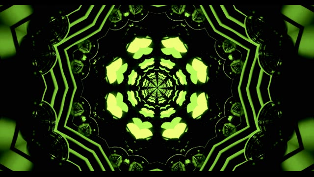 อุโมงค์นีออนส่องสว่าง VJ loop พร้อมรูปแบบคาไลโดสโคปเรขาคณิตสมมาตรสีเขียวอ่อน ท่องใหญ่จากจุดศูนย์กลาง พื้นหลังสีดำ 4K 60fps