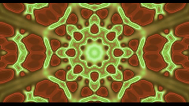 Promieniujący tunel neon-kaleidoskop z czerwonymi i zielonymi geometrycznymi wzorami w pętli VJ 4K