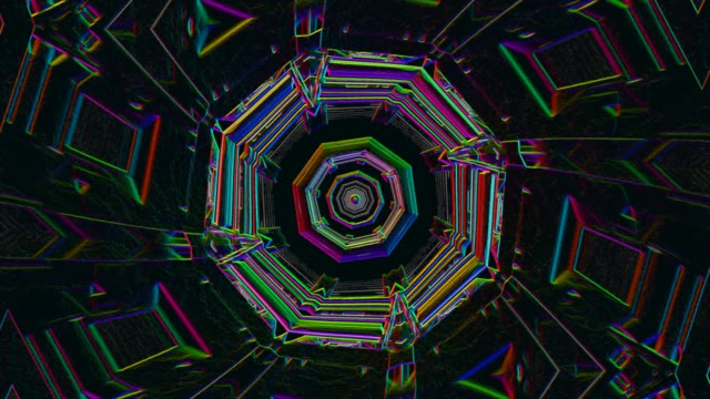 Vibrantní neonový tunel smyčka VJ se soustřednými osmiúhelnými vrstvami v purpurové, zelené a azurové barvě se zářícím efektem záření, abstraktní pohybové pozadí 4K 60fps