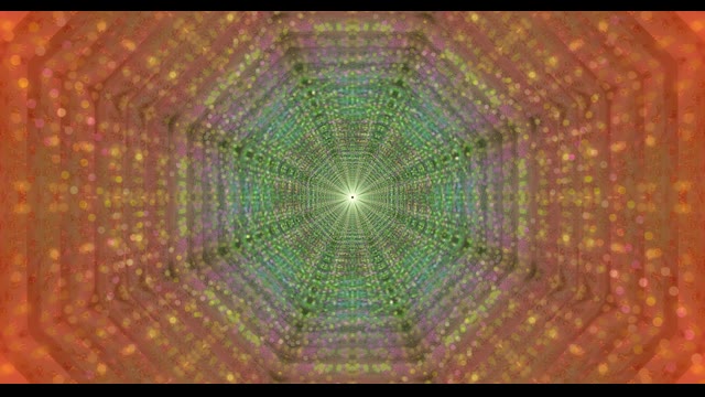 Bucle VJ de túnel neón radiante con patrón hexagonal geométrico verde y naranja brillante convergiendo hacia núcleo de luz brillante, fondo de movimiento abstracto 4K 60fps