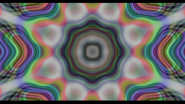 Túnel caleidoscopi neon simètric amb cercles arc iris concèntrics en 4K 60fps VJ loop, gradients vibrants de morat, verd i rosa en espiral cap adins
