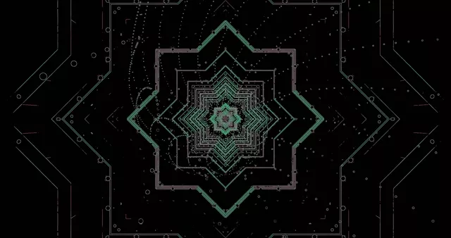 Simetriškas neoningas tunelis su koncentriniais geometriniais mandala raštais ciano ir pilkoje spalvose, sukuriant begalinį perspektyvos sukinį. Abstrakti 4K VJ kilpa.