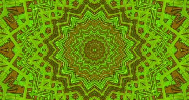 Túnel neón verde brillante con patrón mandala xeométrico concéntrico en espiral cara adentro, efecto caleidoscopio hipnotizante para bucle VJ, gráficos en movemento 4K 60fps